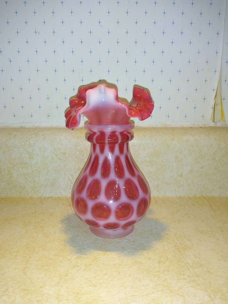 Fenton opal cranberry coin dot 5" vase